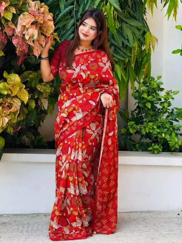 তসর সিল্কের - ডিজিটাল প্রিন্ট শাড়ি সাথে সেম প্যাটার্নের ব্লাউজ পিস – কোড নং: ৮২২ - Image 4