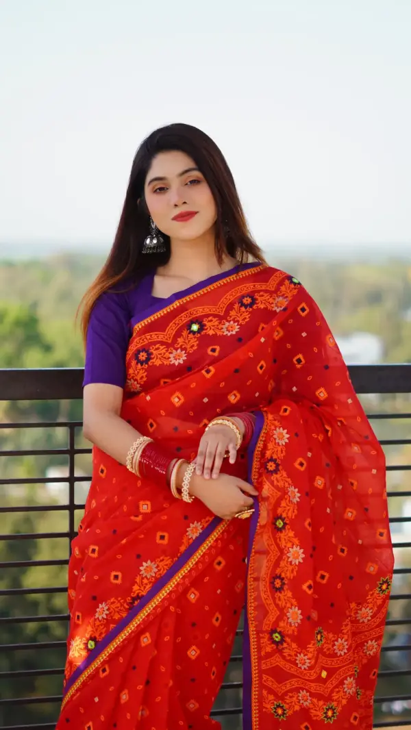 প্রিমিয়াম বুটিক শাড়ি ব্লক প্রিন্ট এবং এমবোডারি সাথে ডলারের কাজ করা - কোড নং: ৩৫৮-M2 - Image 4